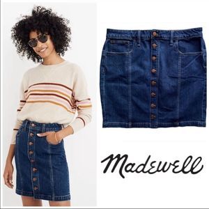 Madewell Stretch Denim Straight Mini Exposed Button Front Skirt Dark Blue 26
